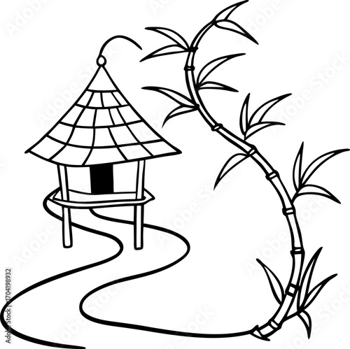 Miniature bamboo hut on spiraling vines fantasy artwork, Tiny bamboo house balanced on winding vines, Whimsical hut with curling plant design, Enchanted bamboo dwelling on spiral greenery