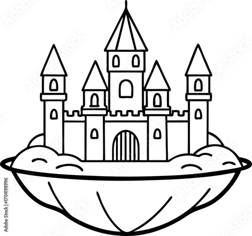 Miniature floating castle with abstract turrets fantasy artwork, Surreal flying fortress with geometric towers, Magical sky castle with abstract architecture, Fantasy floating palace illustration