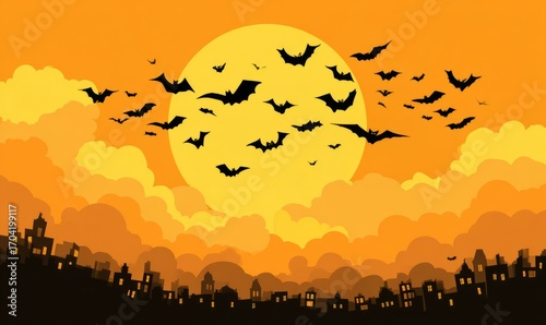 Silhouetted bats fly against a large orange moon above a dark cityscape at dusk.