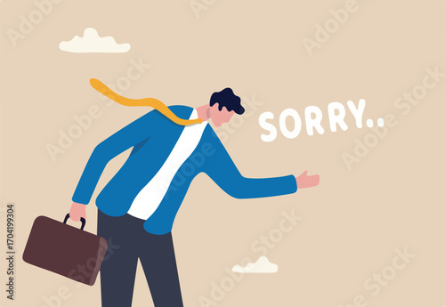 Apologize or say sorry, regret for what happen asking for forgiveness, professional or leadership after mistake or failure, pardon or feel sad concept, businessman bow down say sorry for apologize.