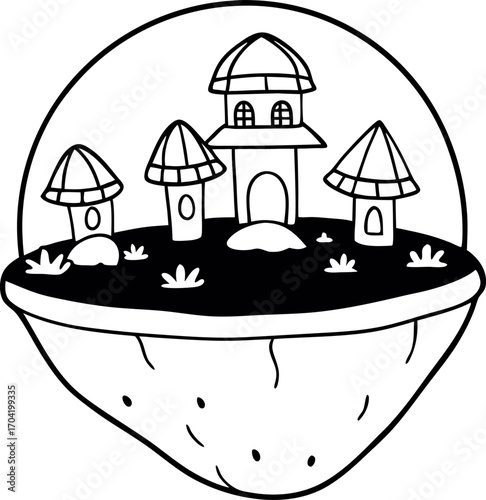 Mini Mushroom Dome Village on Floating Stone, Fantasy Architecture Silhouette Vector Illustration, Black Fairytale Houses Design, Creative Magical Landscape Concept