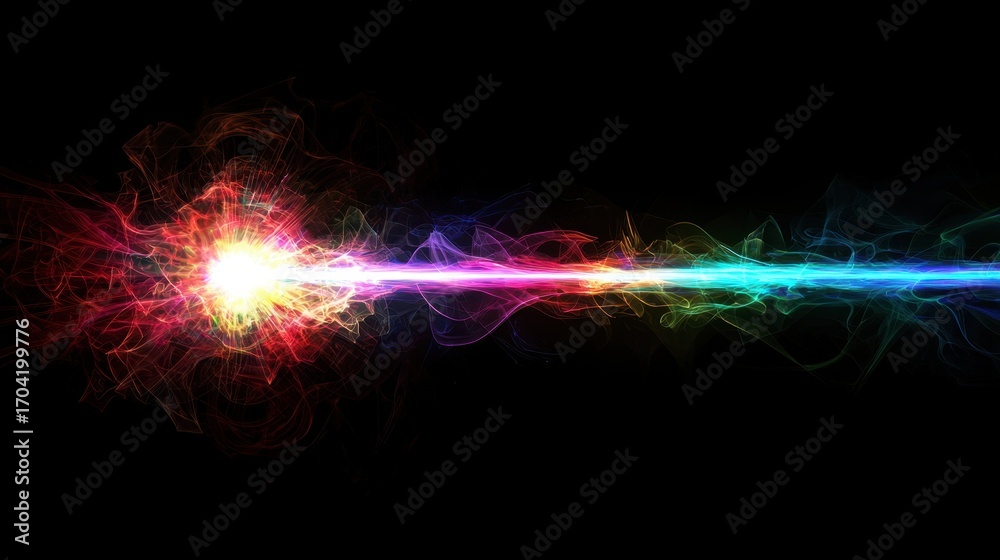 Obraz premium Laser beam strikes, creating explosion, black background, high brightness, multicolor, enhanced contrast --chaos 20 --ar 16:9 --quality 2 --v 6.1 Job ID: f23924b4-12e0-4e79-adea-15d2aea6721f