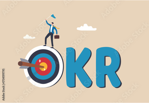 OKR, objective and key result framework to measure success and improvement, goal setting or define measurable target for business concept, businessman holding winning flag on target with the work OKR.