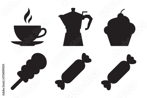 Sweet treats and coffee icons silhouette collection