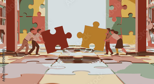A team of miniature people collaborating to connect giant puzzle pieces, symbolizing teamwork, problem-solving, and partnership in a library setting.