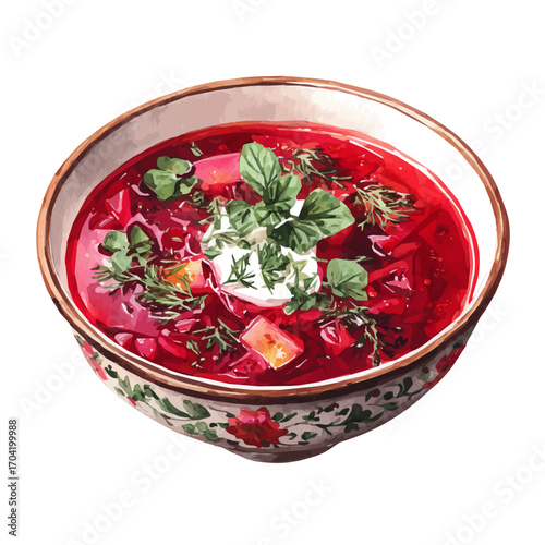 Borscht, watercolor drawing vector, isolated on a white background.