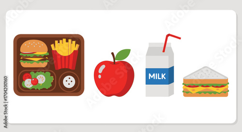 A collection of school lunch food items including a tray with a hamburger and fries, an apple, a milk carton, and a sandwich.