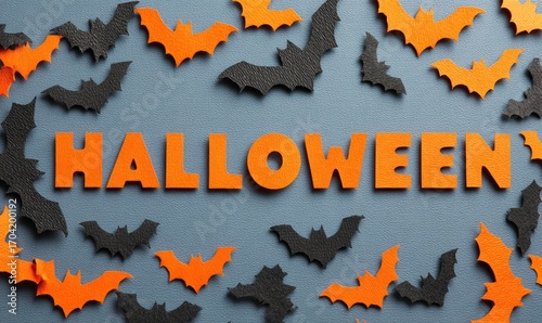 Orange and black Halloween bats surround the word 