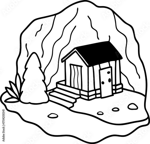 Tiny Waterfall Cabin Inside Hollow Rock, Fantasy Nature Architecture Vector Illustration, Minimalist Eco House Design, Black Silhouette of Cabin with Waterfall, Creative Rock Shelter Concept