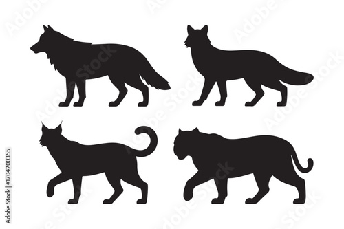 Four silhouette animals standing and walking