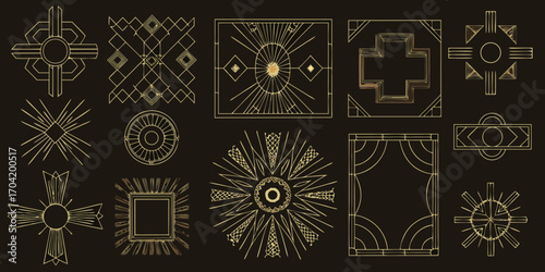 Collection of art deco geometric ornate decorative elements and frames in gold line art on black background