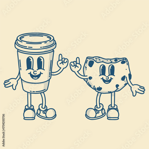 Happy retro mascot cookie and coffee to go character, smiling, thumb up gesture. Menu, homemade bakery symbol