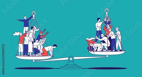 An illustration of two groups of people on a large balance scale, symbolizing social inequality, justice, and group dynamics.