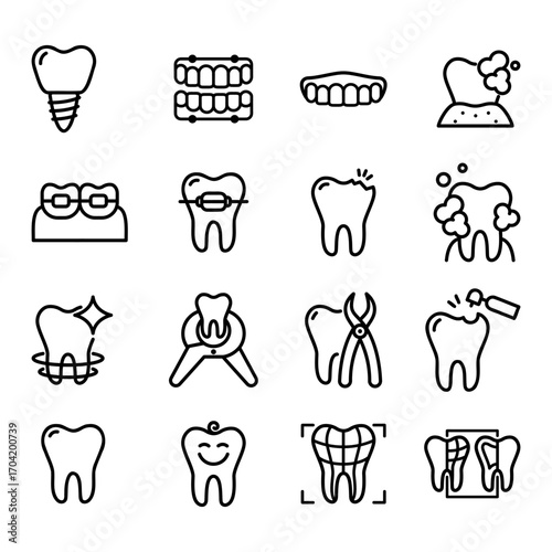 Minimal black & white dental icon set - implants, braces and X-rays in clean outline style. Perfect for medical apps, clinic signage and dental healthcare presentations