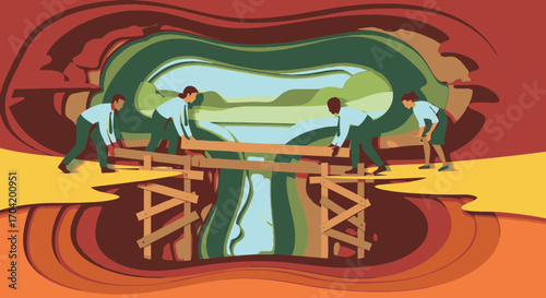 A diverse business team collaborates to build a bridge over a chasm, symbolizing teamwork, connection, and overcoming challenges in a paper cutout style.