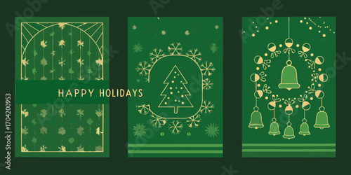 Festive holiday greeting cards featuring snowflakes christmas tree and bells in green and gold tones
