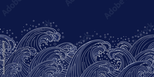 Stylized white line art waves and bubbles on a deep blue background