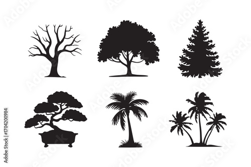 Collection of six diverse tree silhouettes