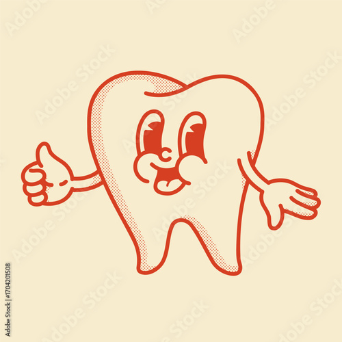 Happy smiling retro tooth mascot. Dentistry icon, dentist logo. Thumbs up