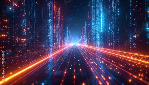 Fototapeta Naklejka Na Ścianę i Meble -  Futuristic digital city street with glowing lines