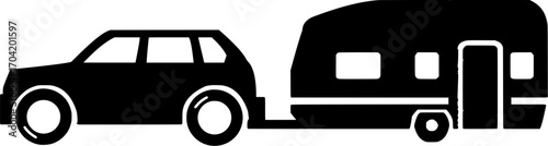 Black silhouette of car towing travel trailer or caravan isolated on white background.