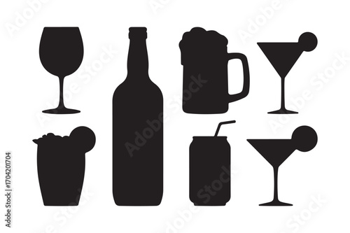 Assorted alcoholic beverage silhouettes on white background