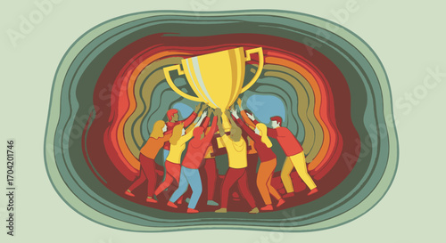 Illustration of a diverse team of people celebrating a victory by collectively lifting a large golden trophy, symbolizing teamwork and success.