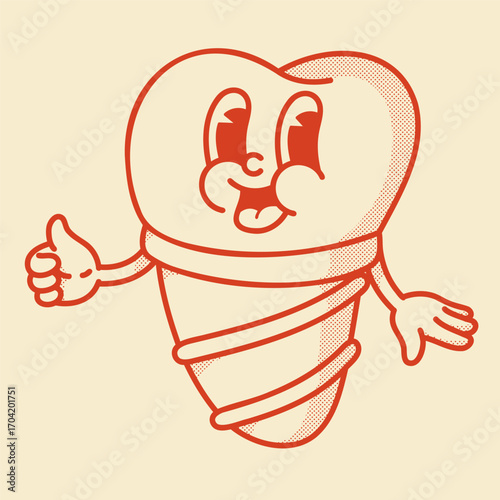 Playful tooth implant character - cute 70s-80s vector art for dental surgery marketing and education