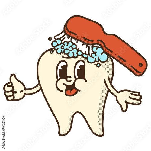 Tooth giving thumbs up to brushing! Retro mascot celebrating perfect oral care