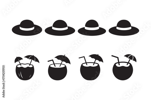 Summer vacation beach hat and coconut drink icons