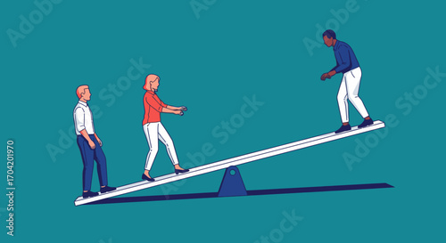 Conceptual illustration of three people on a seesaw representing social imbalance, inequality, and privilege.