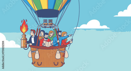 A group of diverse people on an adventurous journey in a colorful hot air balloon, navigating with a map against a blue sky.