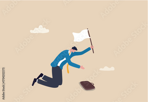 Give up, abandon hope or dream, loser or business failure, fatigue or exhausted from hard work, desperate or hopelessness concept, sad businessman giving up waving white flag asking for help.