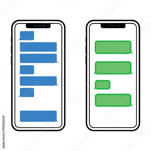 Two smartphones displaying messaging app interfaces showing conversation bubbles side by side for comparison or presentation use