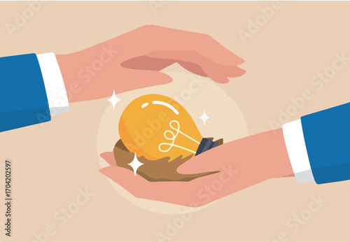 Startup incubator, funding business since early bird or beginning, success business idea or innovation, venture capital concept, businessman hand cover incubate startup lightbulb idea in bird nest.