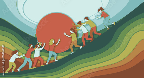 A diverse group of people collaborates to push a large red sphere up a steep, colorful hill, symbolizing teamwork, shared effort, and overcoming challenges together.