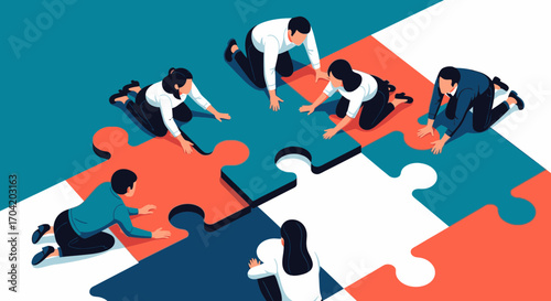 A diverse team of business professionals collaborates to solve a giant jigsaw puzzle, symbolizing teamwork, strategy, and problem-solving.