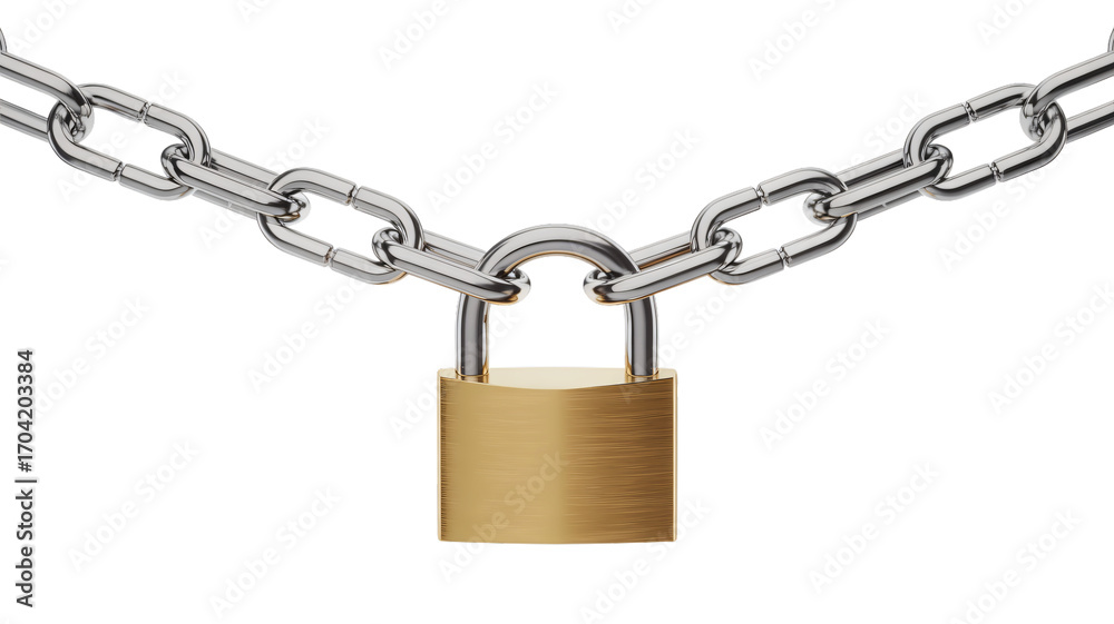 This clear image shows a sturdy metal chain with a golden padlock securely fastened in the middle, forming an arc against a white background. This clear image shows a sturdy metal chain with a golden padlock securely fastened in the middle, forming an arc against a white background.