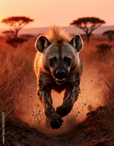 Majestic Hyena Running in African Grasslands at Sunset