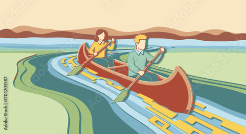 Illustration of a man and woman paddling a canoe together on a river of flowing digital data.