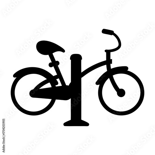 Black silhouette of a bicycle locked to a public parking post