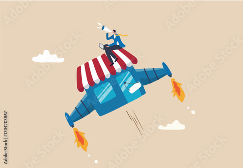 Marketing or promotion to boost sales, increase customer to visit store front or e-commerce performance, advertising to grow profit concept, businessman promote his shop with rocket booster flying