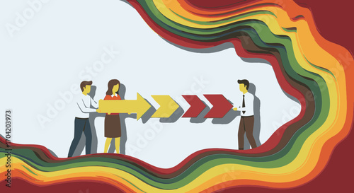 A business team collaborates, holding a large arrow that symbolizes process, workflow, and forward progress in a colorful, layered illustration.