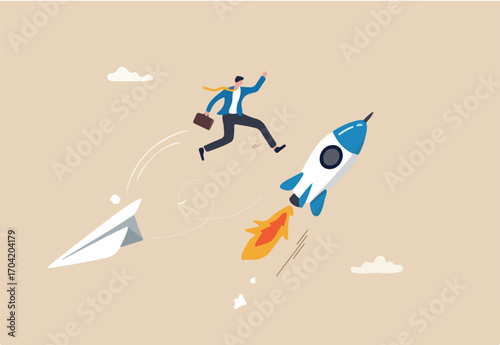 Change to better company, innovation to help success or career change to new path, alternative way or direction concept, ambitious businessman jump from old origami airplane to growing up rocket.