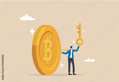 Private key or hardware wallet to store cryptocurrency or Bitcoin, security password or safety protection for crypto currency concept, confidence businessman investor holding private key with Bitcoin.