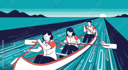 Illustration of a team rowing a canoe in unison on a river, symbolizing teamwork, progress, and shared goals.