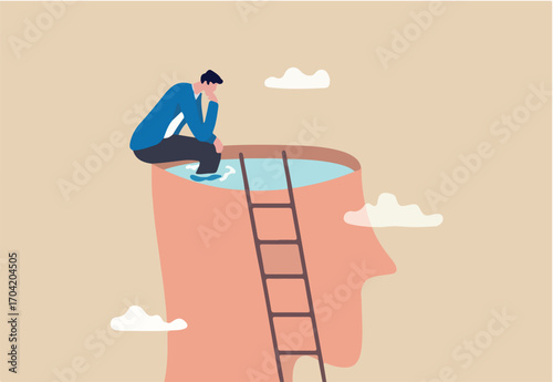 Psychology, mindset or thinking process, thought or imagination, wisdom or intelligence brain, solving problem or mental and emotional concept, contemplation thinking man climbing to sit on his brain.