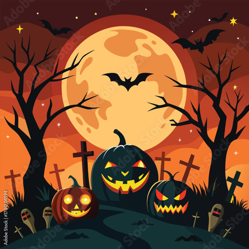Sinister halloween tableau unfolding under an ominous sky