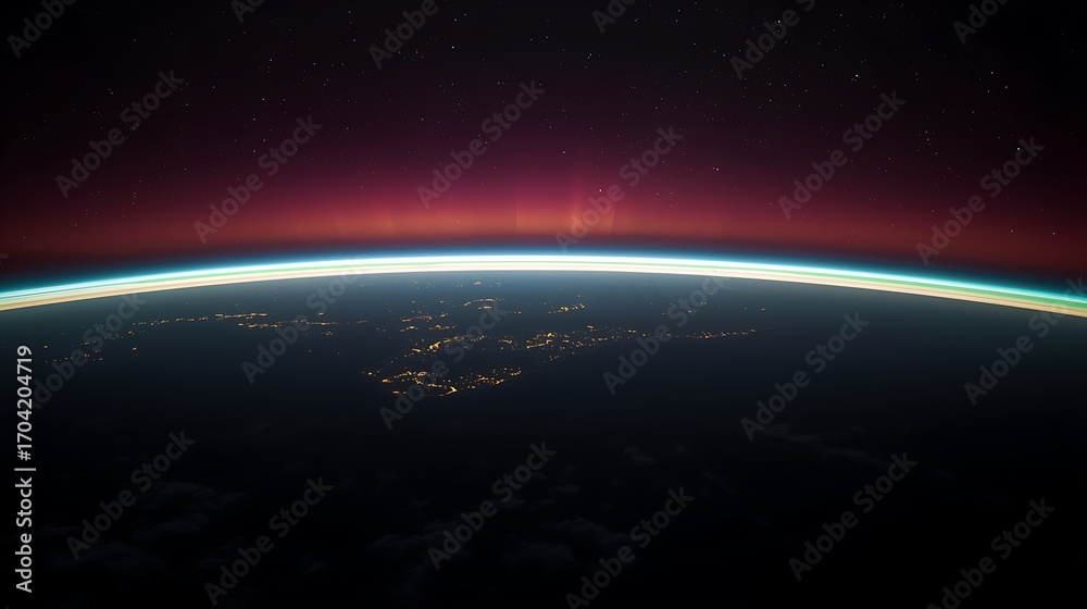Fototapeta premium The image captures a high-altitude orbital view of Earth's curved horizon at twilight, highlighting the color gradient and horizon curvature without any spacecraft or clouds.