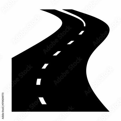 An illustration of a winding road with dashed lines in black and white